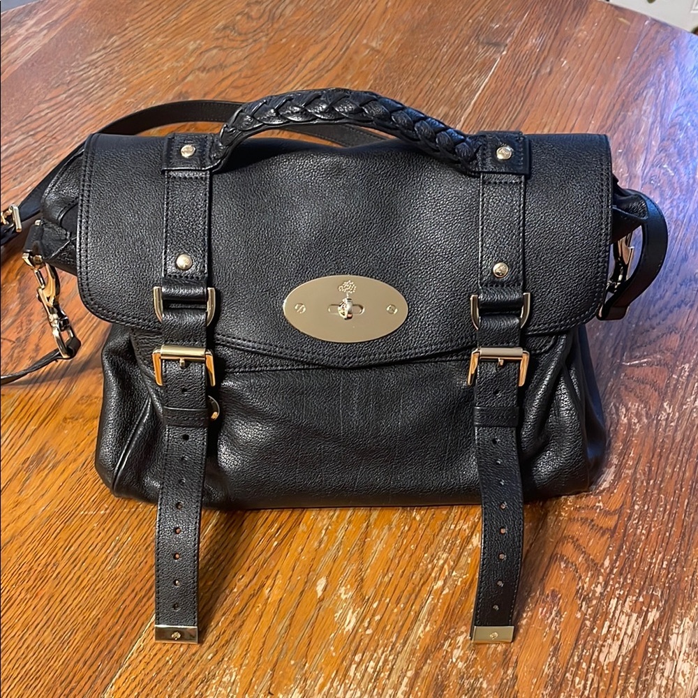Black Mulberry Alexa Leather Satchel with Gold Accents